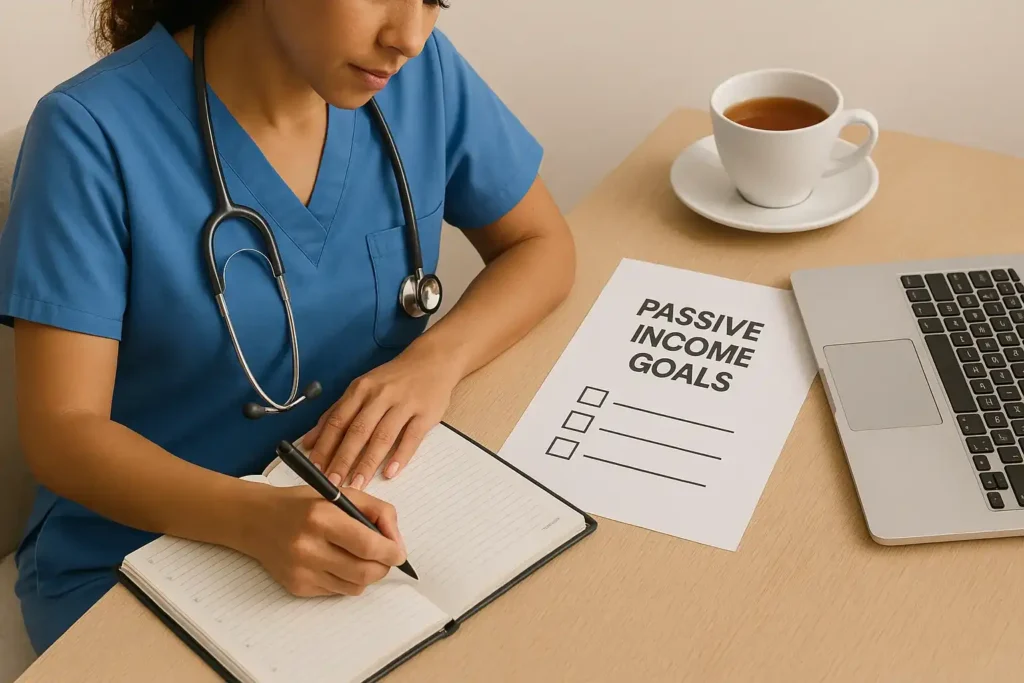 Nurse planning passive income steps with checklist.
