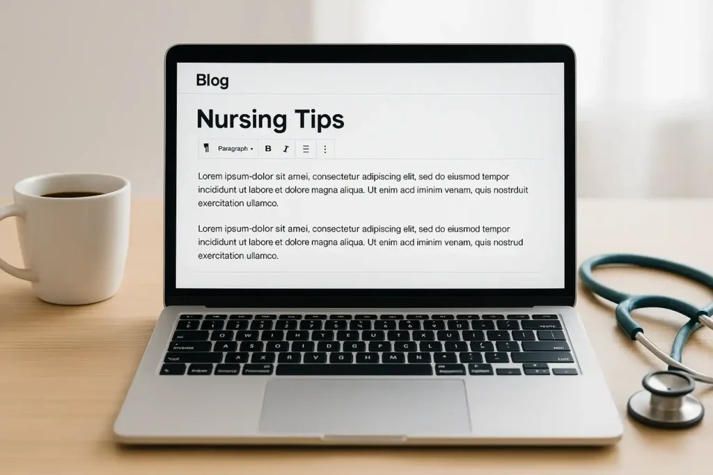 Laptop displaying nursing blog for passive income setup