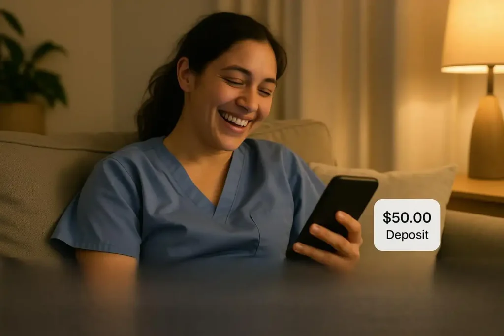 Tired nurse smiling while checking passive income deposit on phone after a shift.