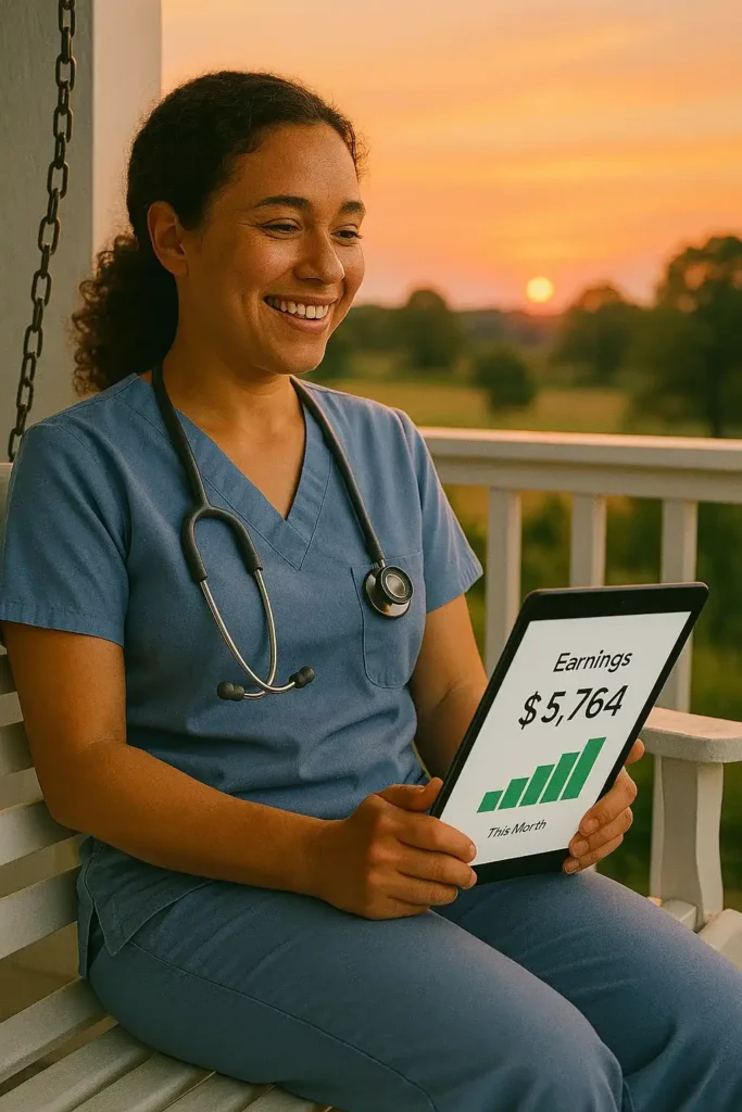 Nurse enjoying financial freedom from passive income.