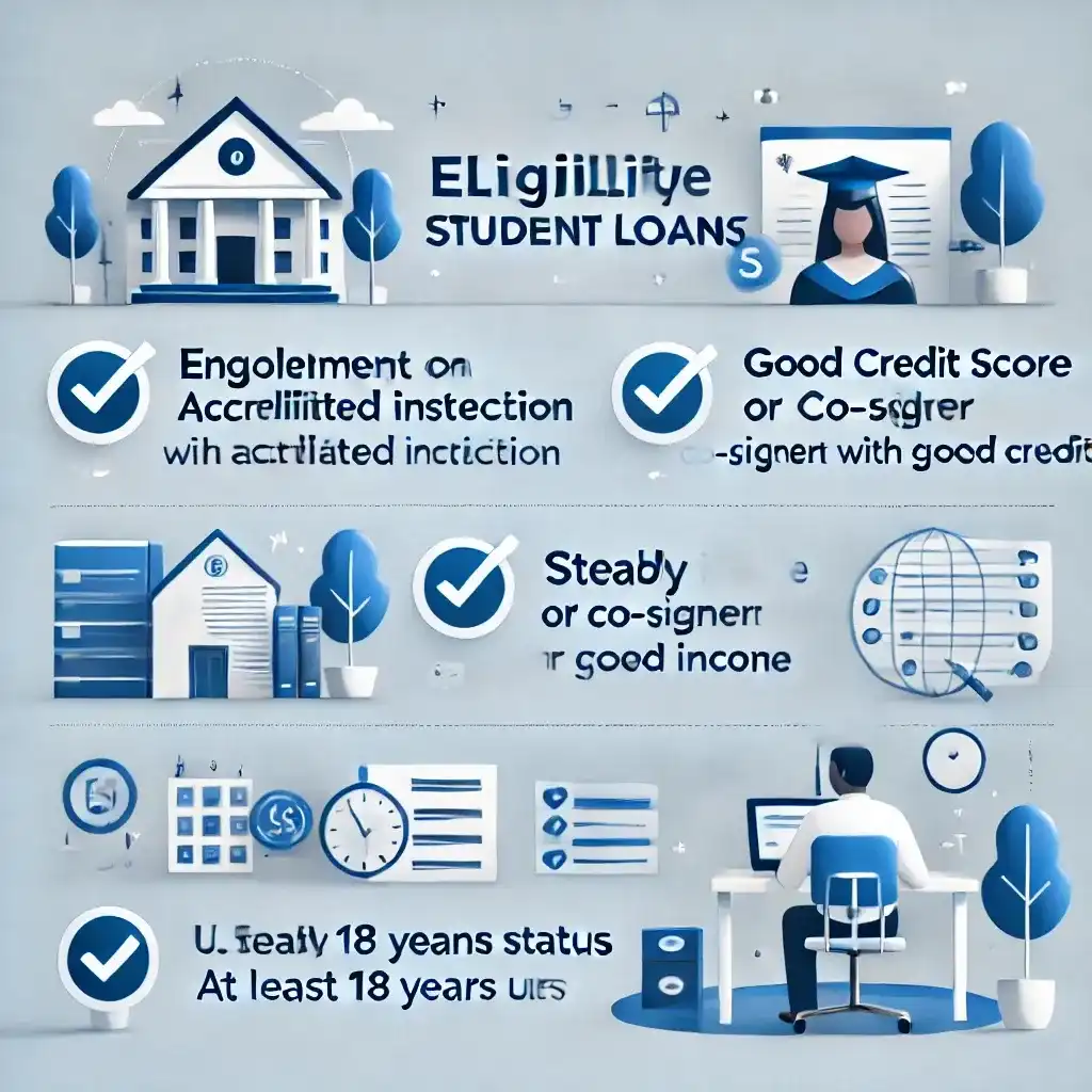 Checklist-style infographic summarizing eligibility criteria for student loans, including enrollment, credit score, income, residency status, and age requirements.