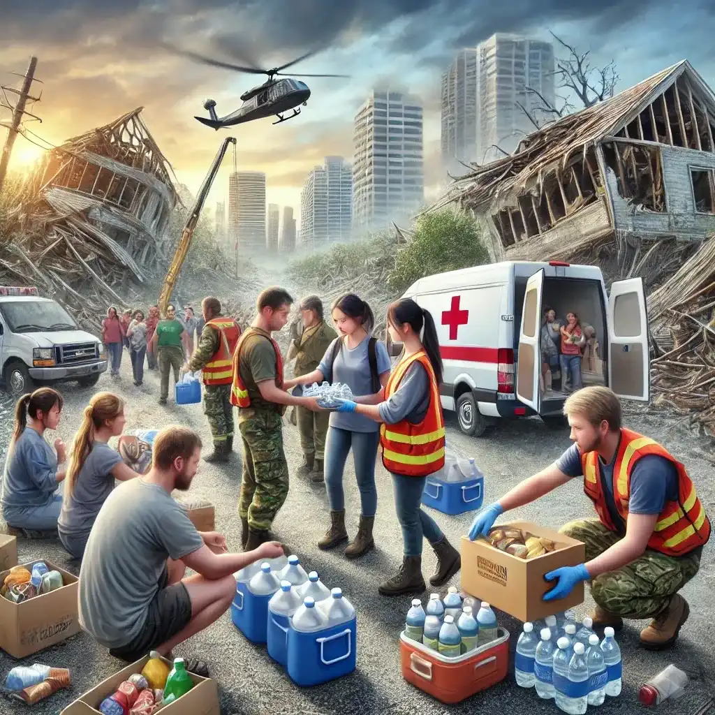 Volunteers distributing food, water, and medical supplies to people affected by a flood or earthquake in an emergency relief setting.