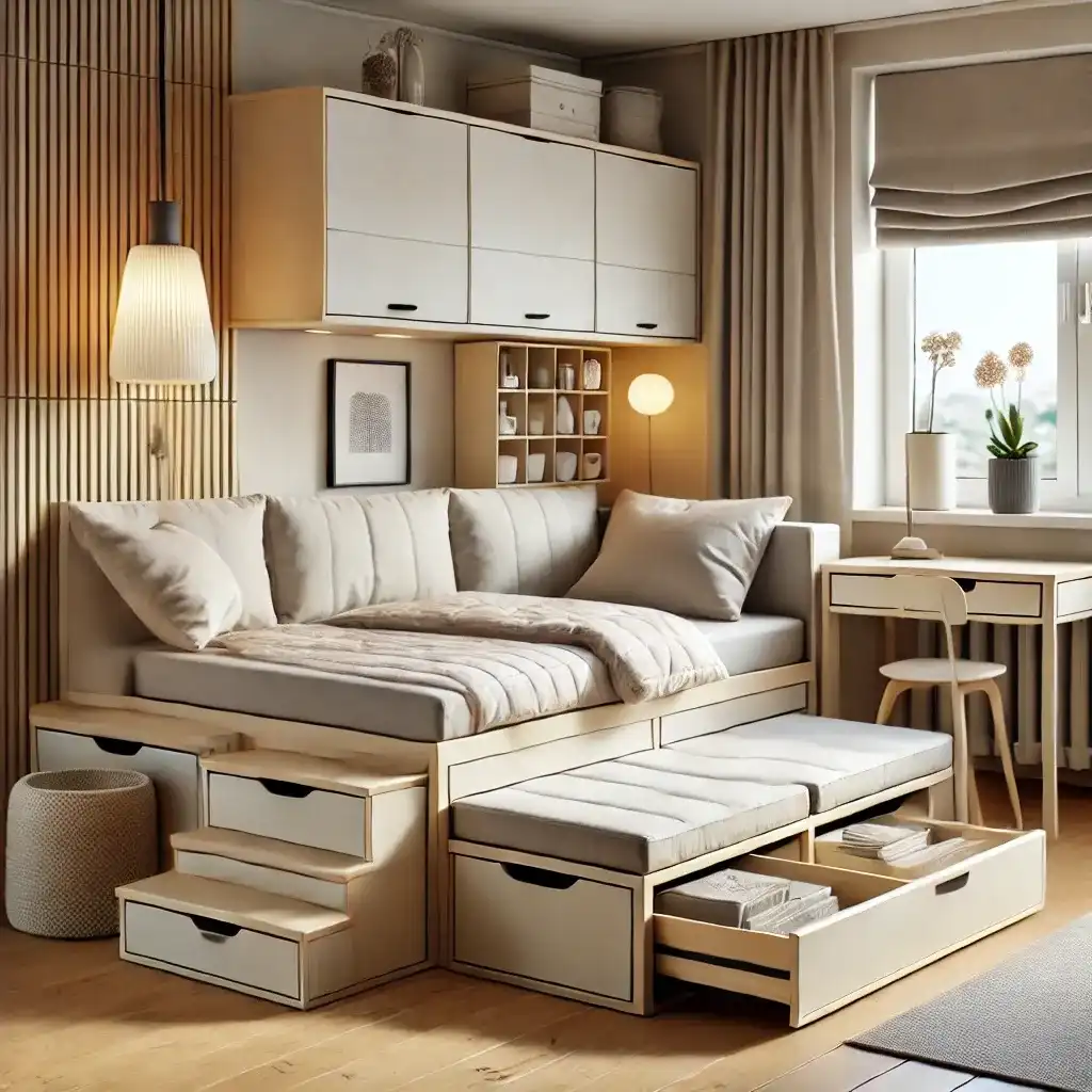 ext: A stylish and space-saving foldable furniture setup with a storage ottoman, a bed with built-in drawers, and a foldable table.