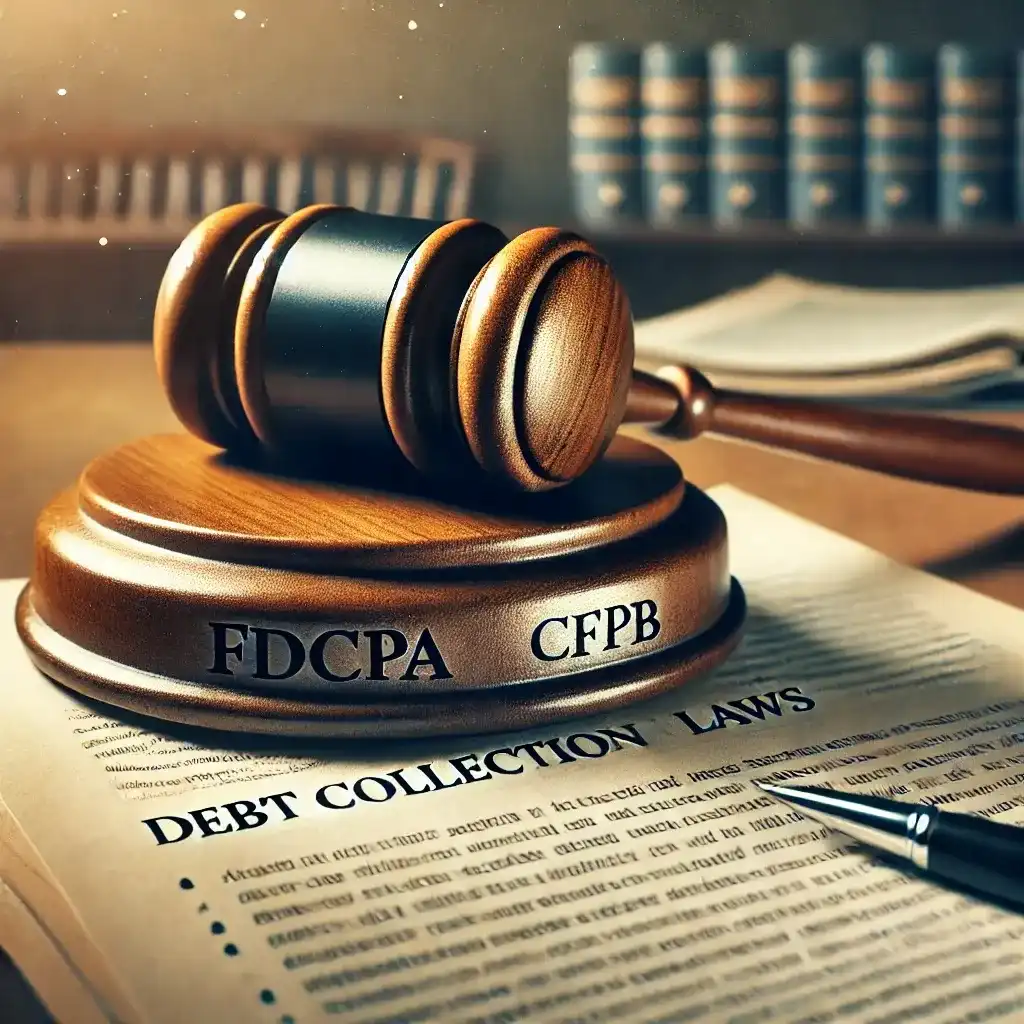 Gavel and legal documents with FDCPA and CFPB logos, illustrating the laws governing Genesis Credit Management.