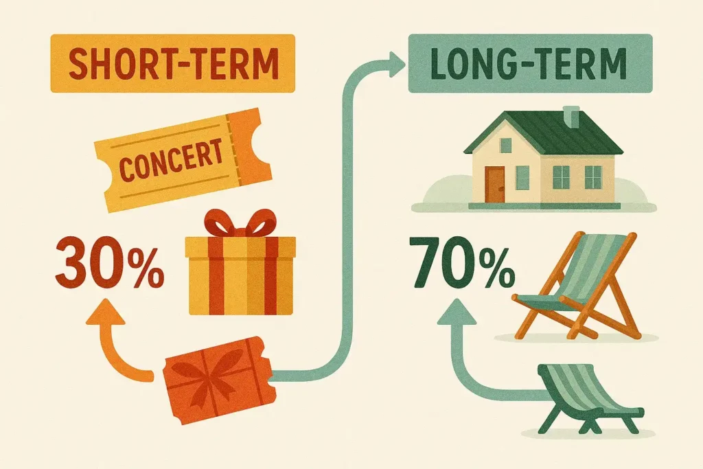 An infographic comparing short-term goals (concert tickets, gifts) in bright colors with long-term goals (house, retirement) in calm tones, showing a 70/30 savings split.