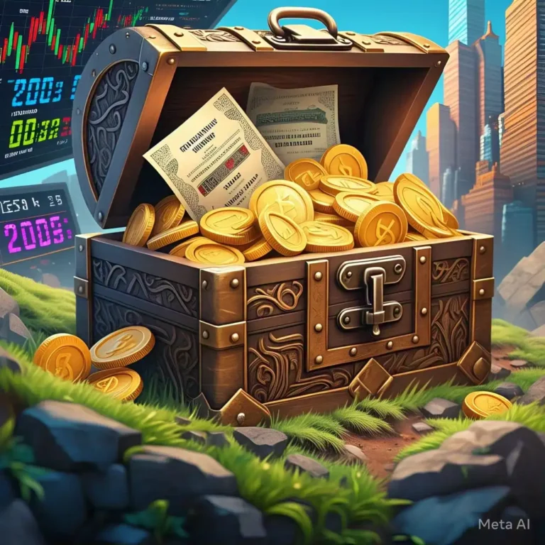 Illustration of a treasure chest with gold coins and stock certificates in a field, symbolizing value stocks in 2025.