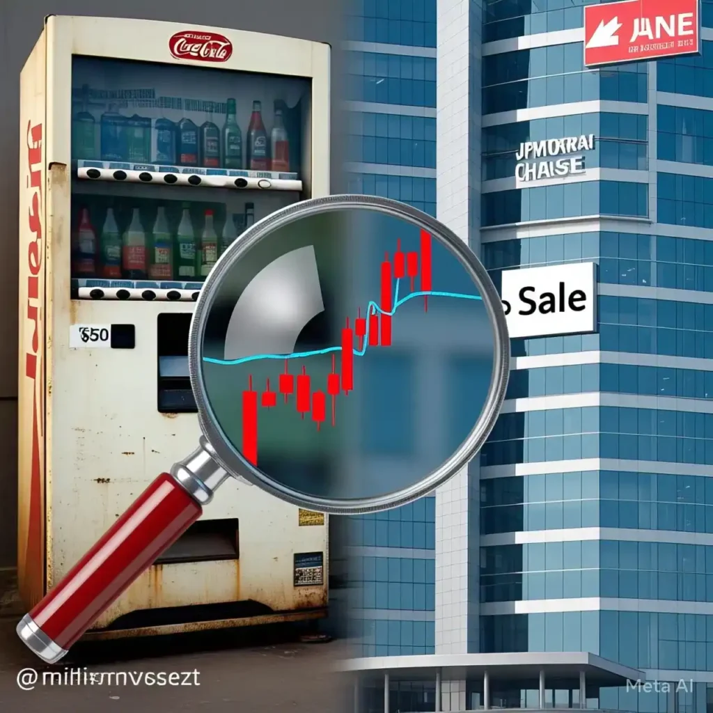 Split-screen image of Coca-Cola vending machine and JPMorgan Chase bank as value stock examples.