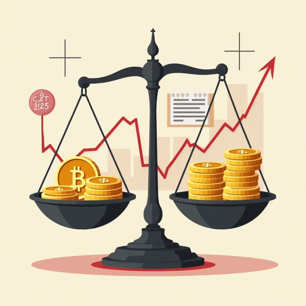 Scales weighing crypto benefits against risks with a 2025 market backdrop.