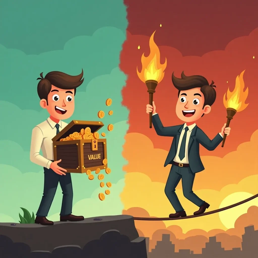 Cartoon of value investor with treasure chest vs. growth investor juggling on tightrope.
