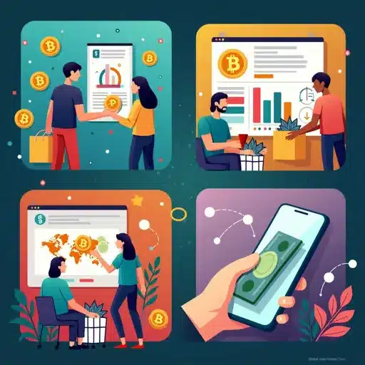 Collage of real-world cryptocurrency uses including payments, DeFi, NFTs, and remittances.