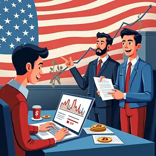 Illustration of the US crypto boom with investors, traders, and startups.
