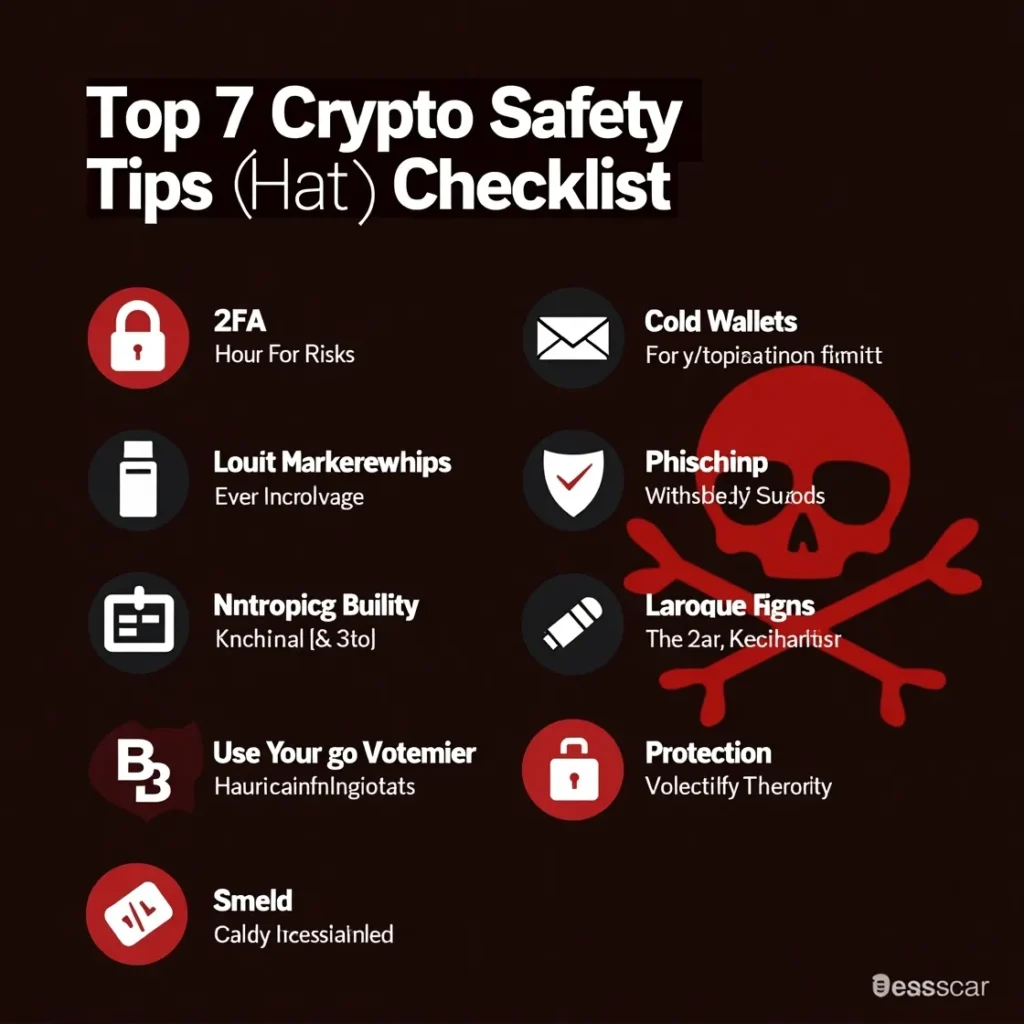 Checklist of top 7 crypto safety tips with security icons.