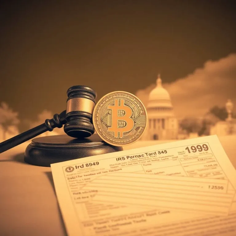 Illustration of crypto legal and tax landscape in the US with gavel and IRS form.