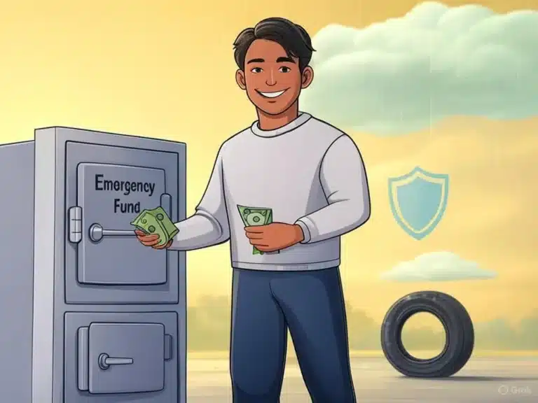 A person adding money to an emergency fund safe, with a fading rainy cloud and flat tire in the background, symbolizing financial security