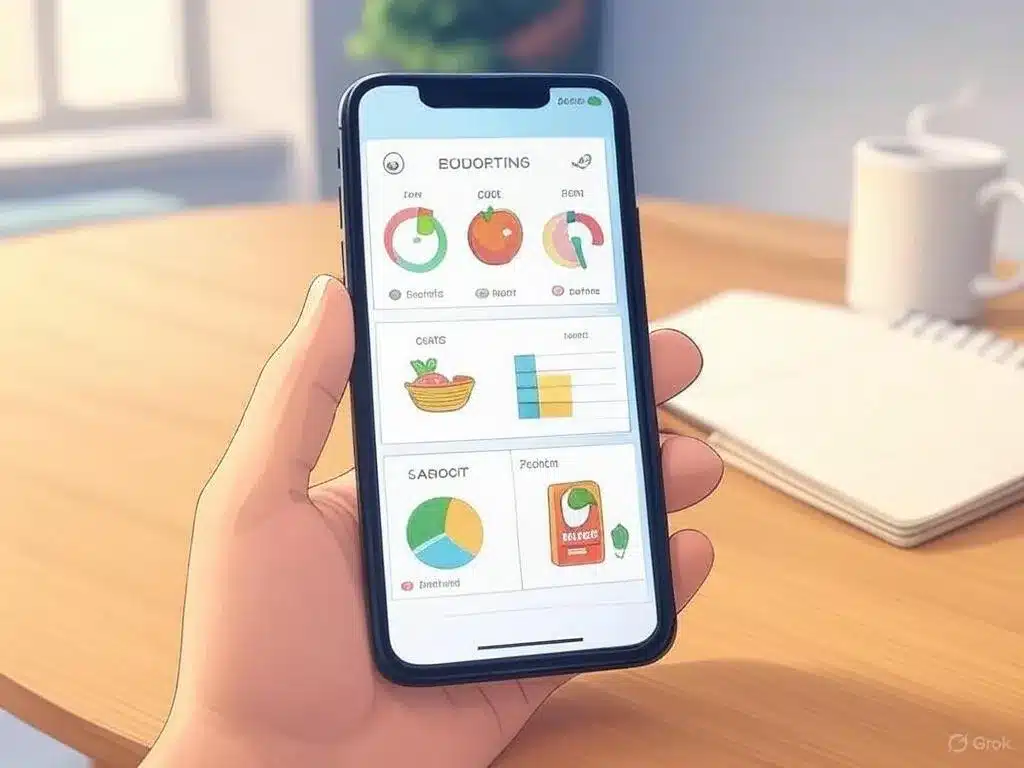 A hand holding a smartphone showing a budgeting app with charts, placed on a coffee table with a notebook and mug in a cozy setting