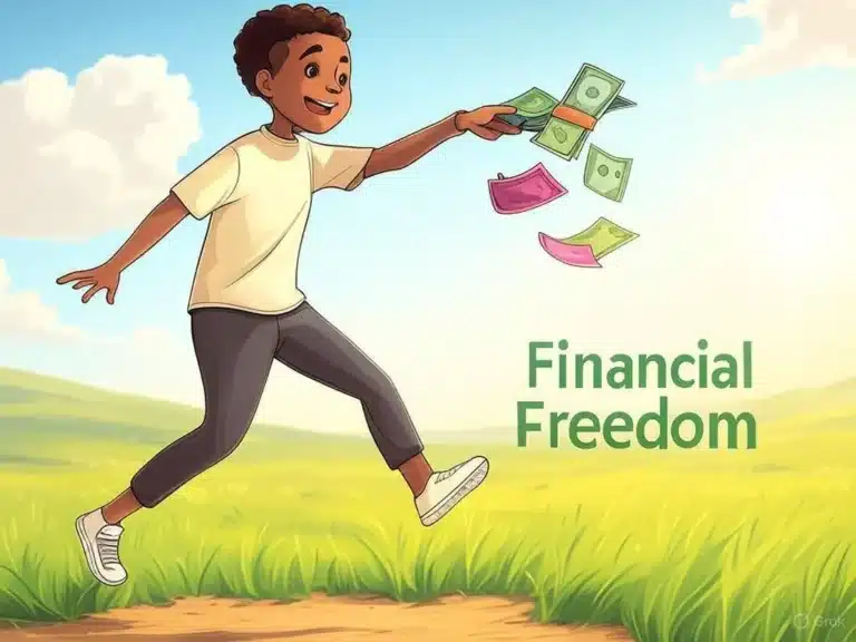 A joyful person jumping in a field, wallet in hand, with cash flowing toward a ‘Financial Freedom’ horizon under a bright sky