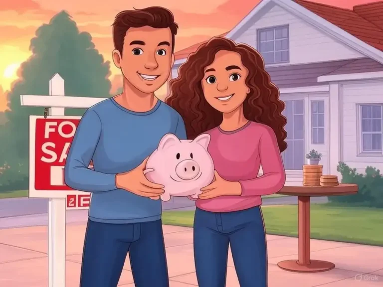 A couple with a piggy bank by a ‘For Sale’ sign, with a house blueprint and coins, saving for a home
