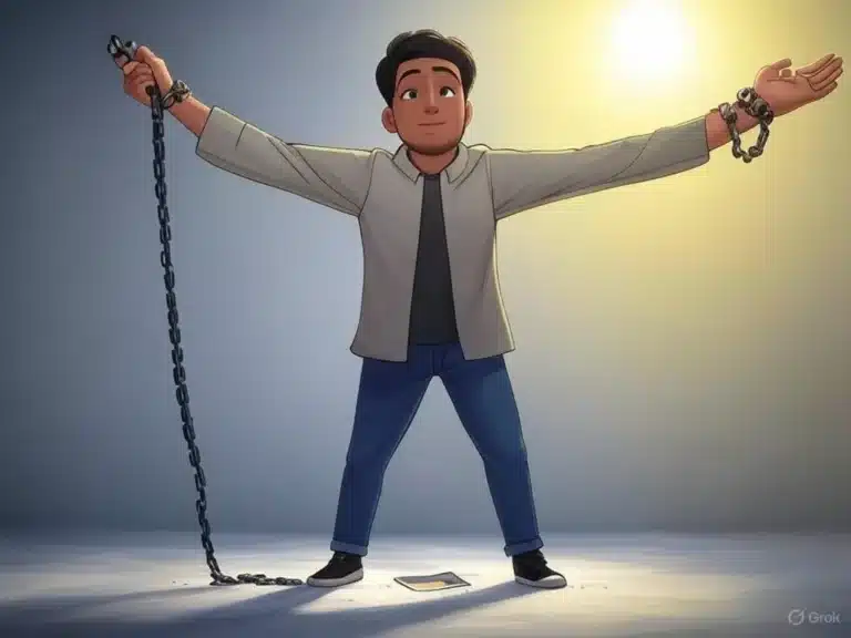 A person breaking ‘High-Interest Debt’ chains, with a torn credit card and light, symbolizing debt freedom