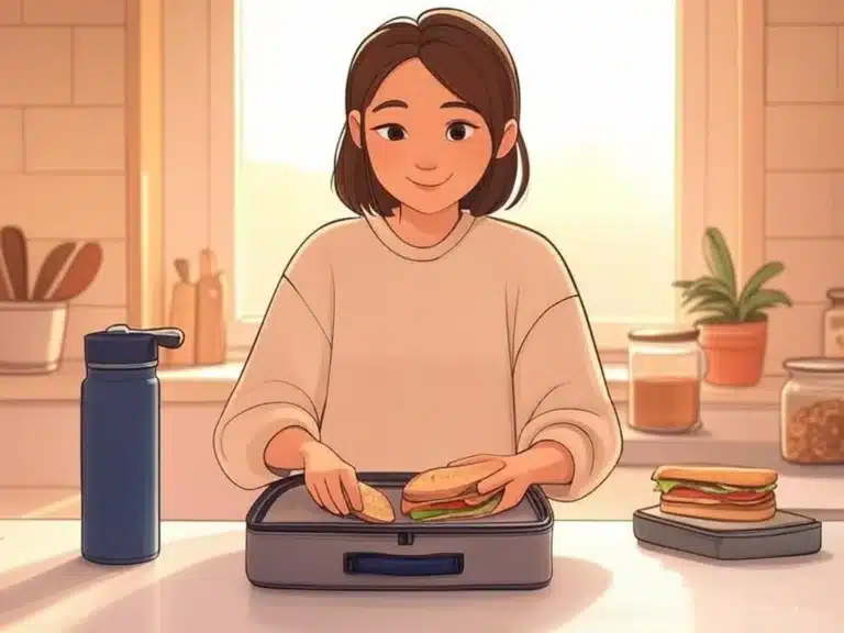 A person preparing lunch and coffee in a kitchen, with a savings jar and reusable bottle, showing daily savings