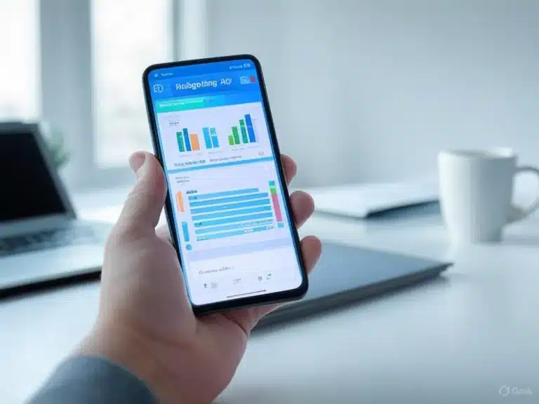 A smartphone showing a budgeting app with charts, on a desk with a laptop and coffee, in a modern setting
