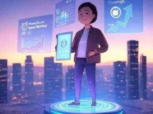 A futuristic person on a glowing platform with holographic savings charts and a piggy bank, in a sleek cityscape, using a tablet with 'Money6x.com Save Money