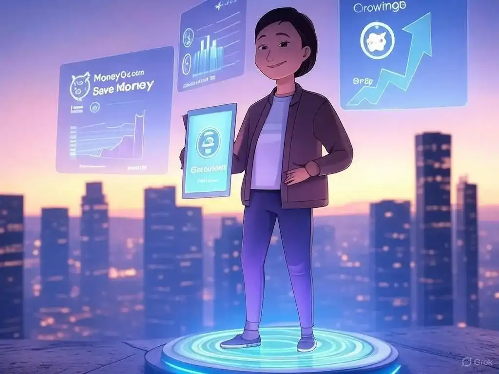 A futuristic person on a glowing platform with holographic savings charts and a piggy bank, in a sleek cityscape, using a tablet with 'Money6x.com Save Money