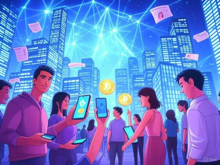 Futuristic digital cityscape with glowing blockchain networks and people interacting with cryptocurrency logos.
