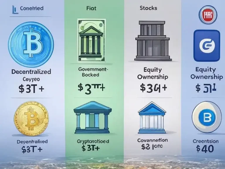 Infographic comparing cryptocurrency, fiat money, and stocks with icons and 2025 market stats.