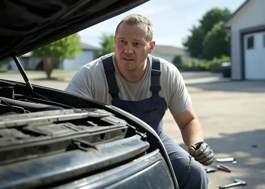 Mobile mechanic repairing car in driveway, highlighting a profitable blue collar side hustle
