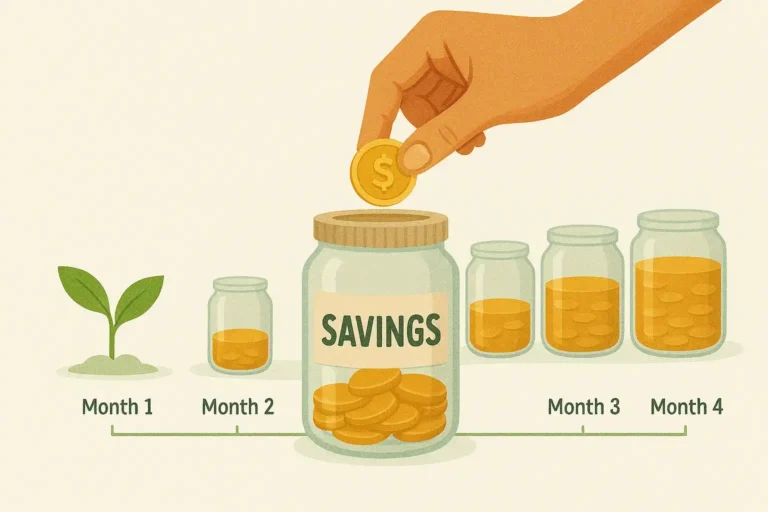 A hand adding a coin to a savings jar, with a row of jars showing gradual growth and a small plant symbolizing financial progress.