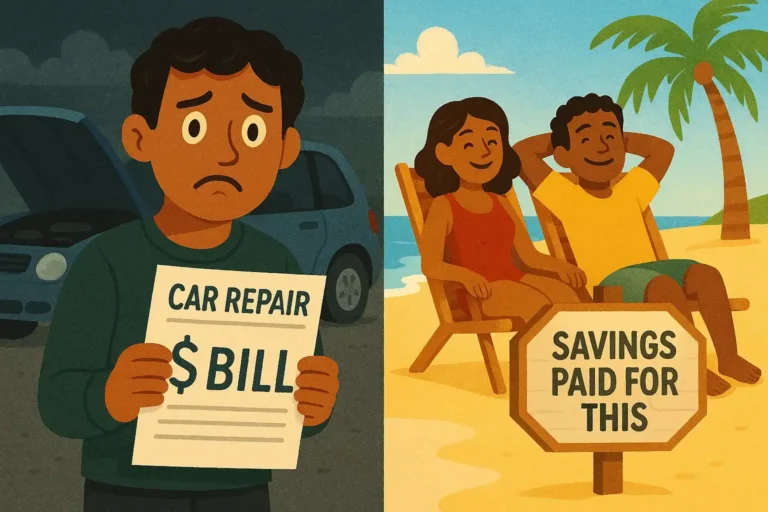 A split scene showing a stressed person with a car repair bill on the left and a happy couple on a beach vacation funded by savings on the right
