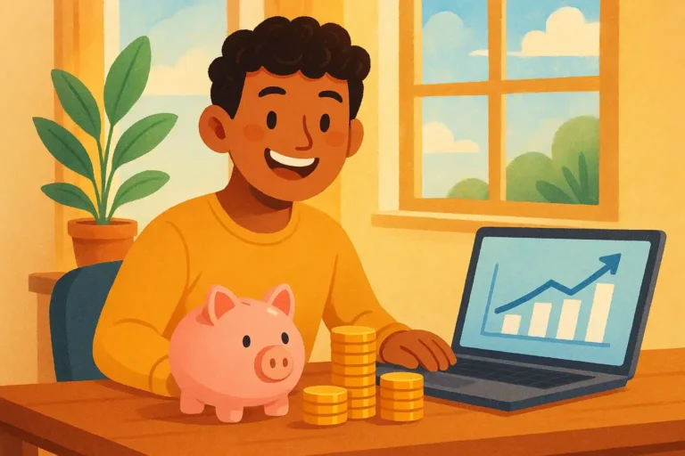 A happy person managing finances at a desk with a piggy bank, coins, and a laptop displaying a savings chart, surrounded by a bright room with a plant