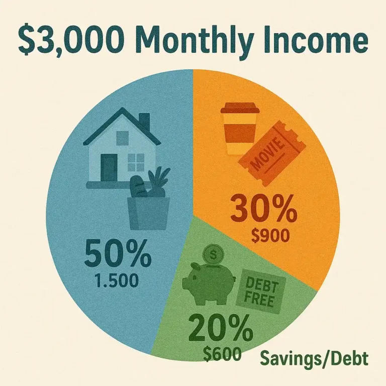 A pie chart showing the 50/30/20 budgeting rule: 50% needs, 30% wants, and 20% savings/debt, with icons for each category