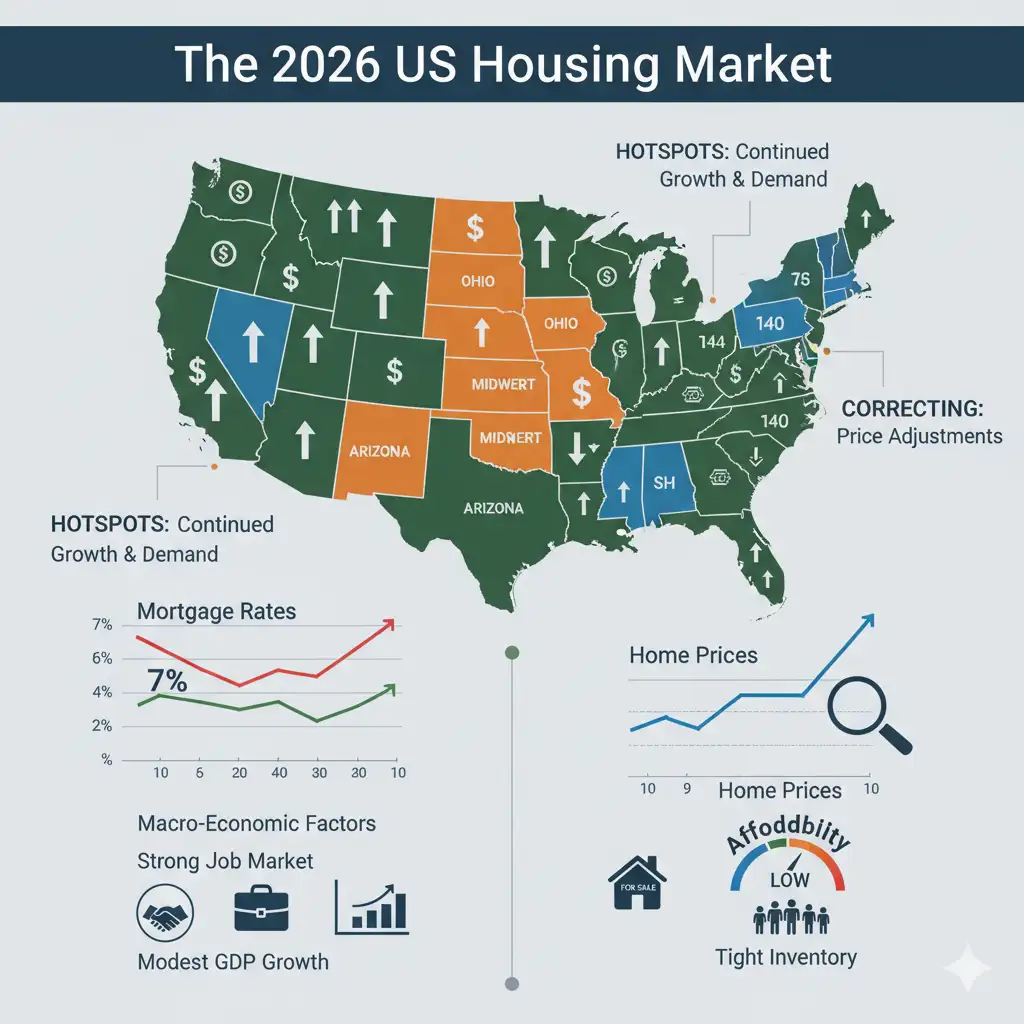 An infographic of the US housing market for 2026, showing real estate hotspots in the Midwest and correcting markets. The image includes charts for mortgage rates and home prices, and icons representing low affordability and tight inventory.