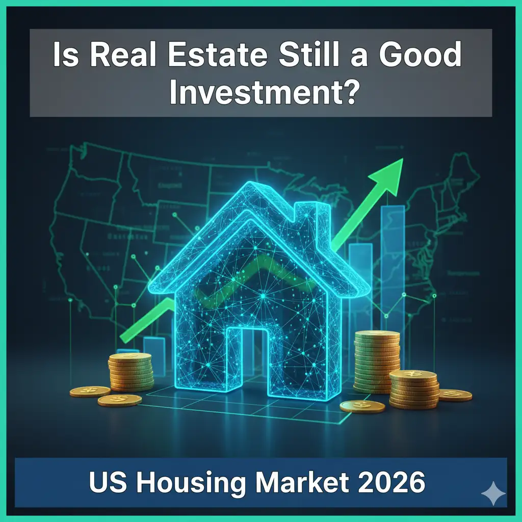 A dynamic digital thumbnail for a blog post about real estate investing. It features a glowing blue outline of a house composed of network lines, set against a blurred map of the USA. An upward-pointing green arrow and a bar chart signify growth, with stacks of gold coins representing investment. Text overlay reads "Is Real Estate Still a Good Investment?" and "US Housing Market 2026."